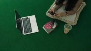 A woman reading a blog on a tablet with a cup of coffee